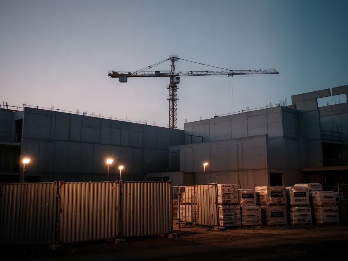 Baustelle mit Kran und Bauzaun in der Abenddämmerung