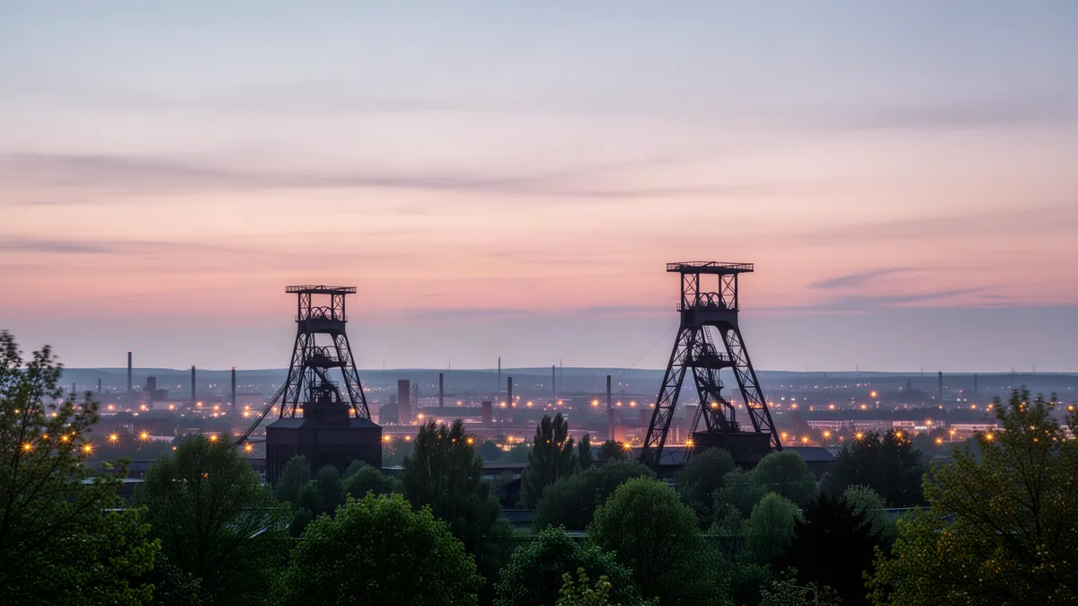 Blick über das Ruhrgebiet mit Fördertürmen in der Abenddämmerung