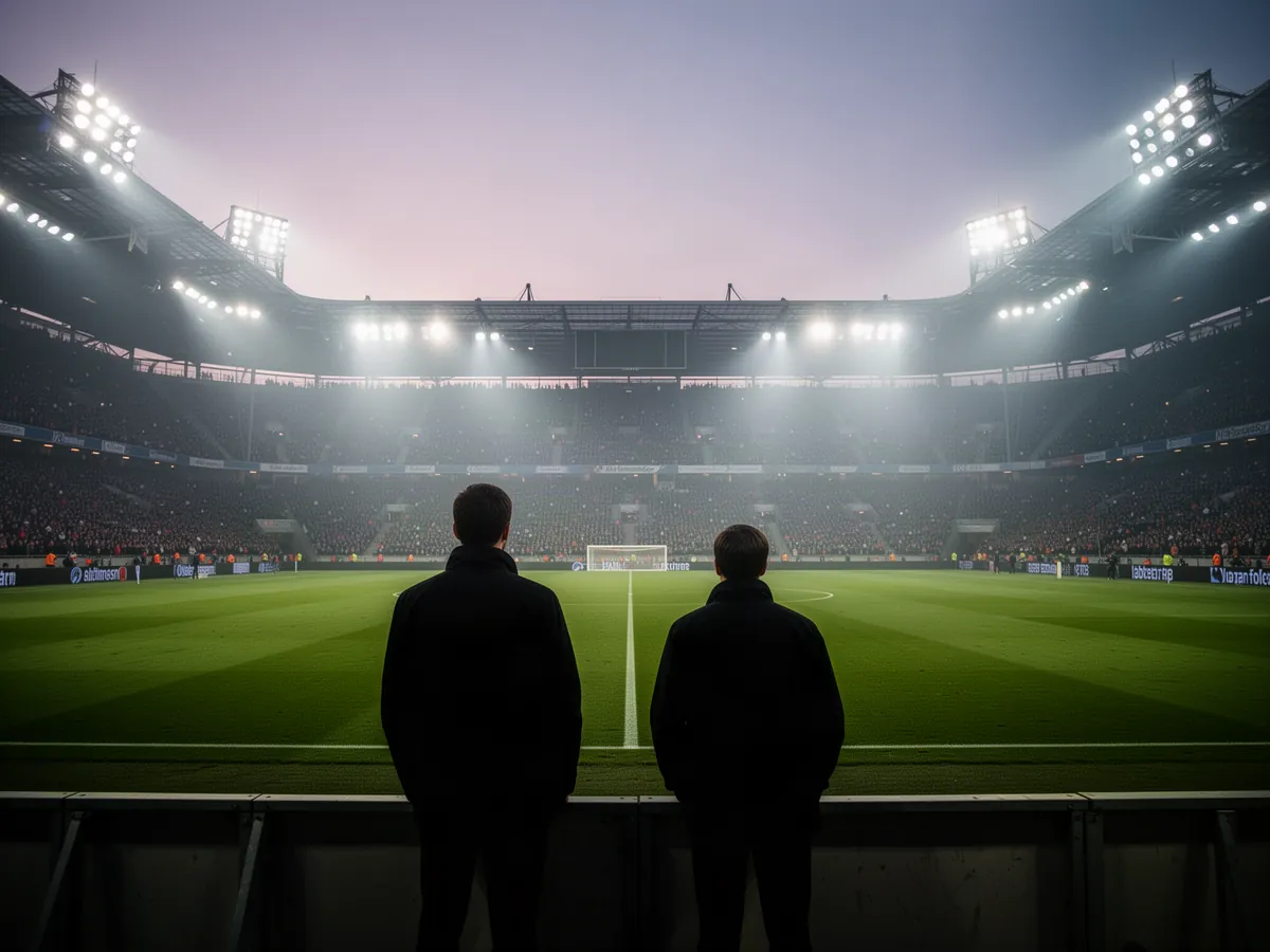 Zwei Ordner am Spielfeldrand eines Fußballstadions unter Flutlicht